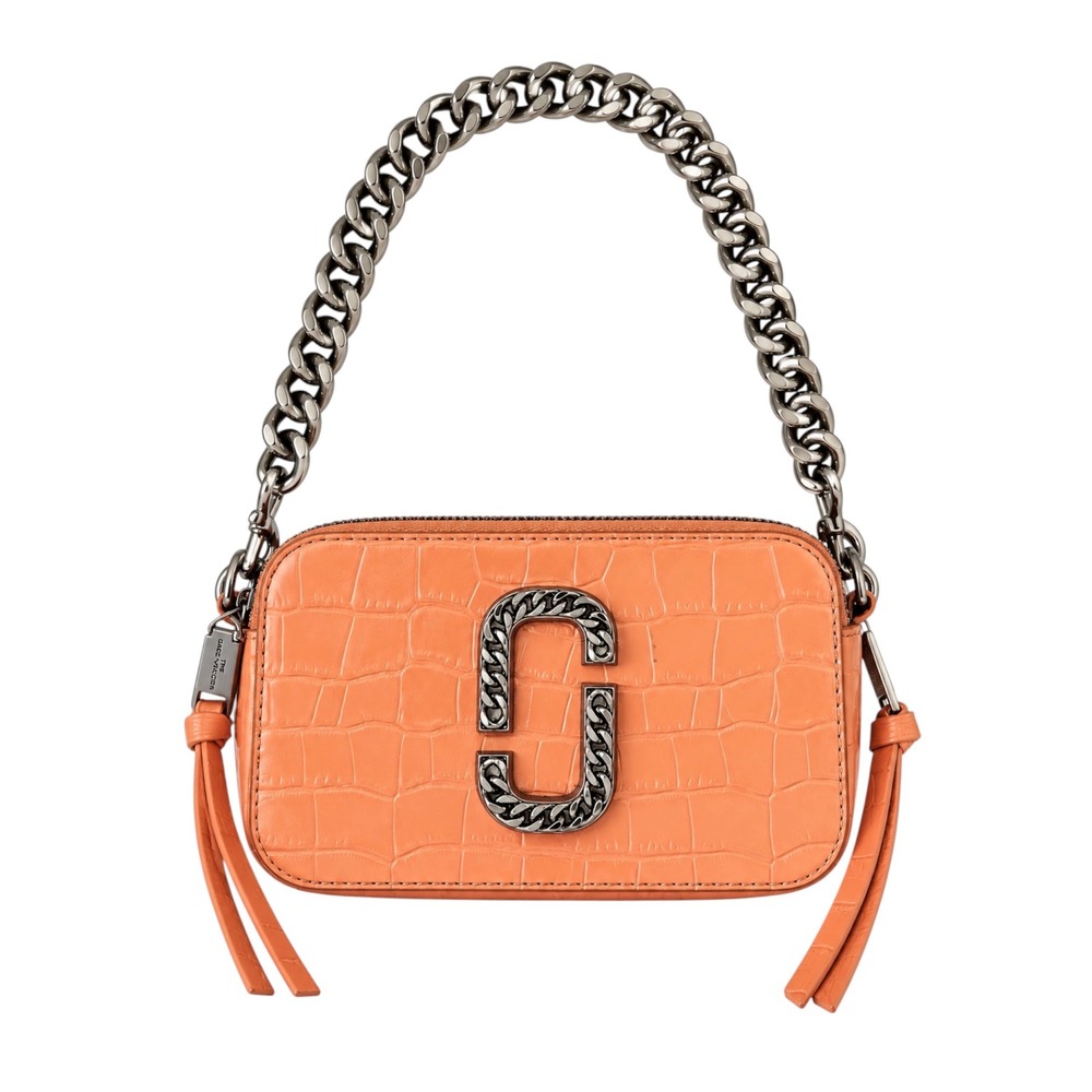 Marc Jacobs The Snapshot Croc Embossed Leather Camera Bag Chain Coral Orange